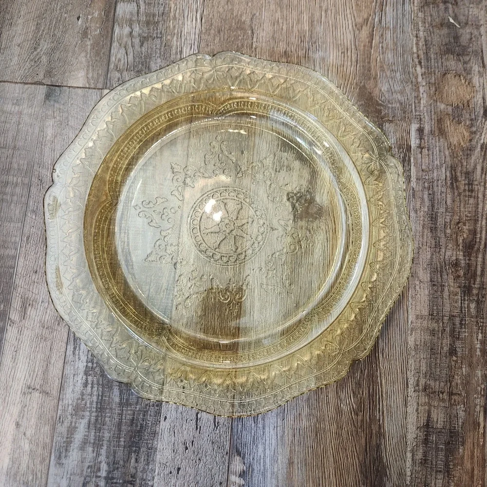 Vintage Amber Depression Glass Scalloped Serving Platter Embossed Floral 11 in